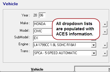 The aces vehicle fields populated with aces vehicle information.