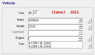 The Vehicle section with the Engine field expanded showing the engine options for the year, make, and model.