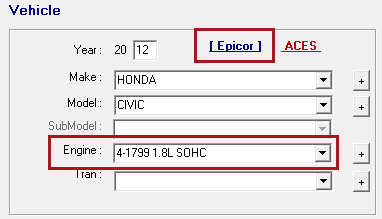 The Vehicle section with the Epicor link blue and the Engine field completed and circled.