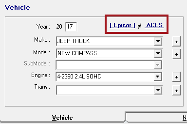 the vehicle fields where the epicor and aces links have a not equal sign between them.