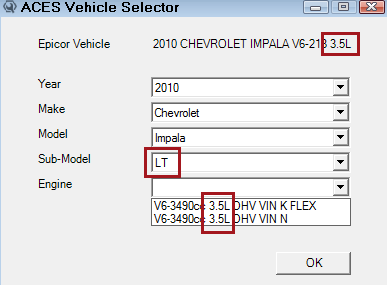The ACES Vehicle Selector with the engine circled.