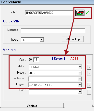 The VIN button with a green checkmark pointing to the Epicor fields completed.