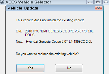 The mismatch prompt that appears over the ACES vehicle selector when you select aces information that does not match the epicor information.