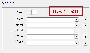 The vehicle section of the vehicle tab with the Epicor and ACES links circled.