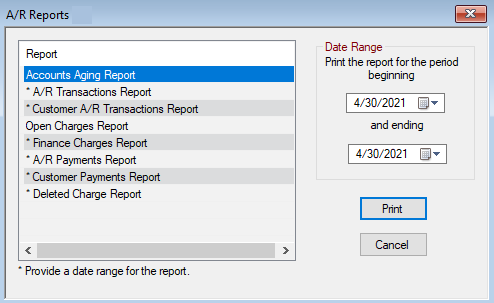 The AR Reports window.