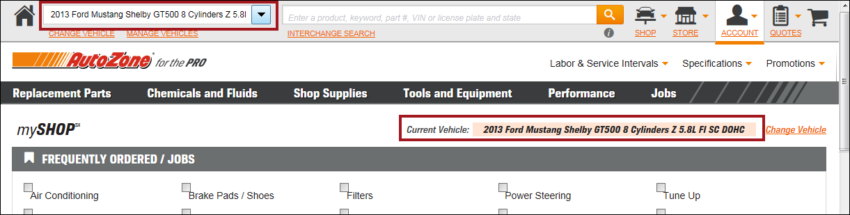 The AutoZone window with the vehicle information diplayed.