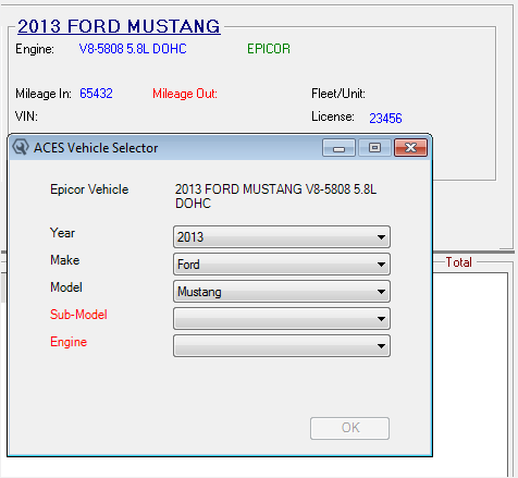 The ACES Vehicle Selector displaying the Epicor vehicle information. 