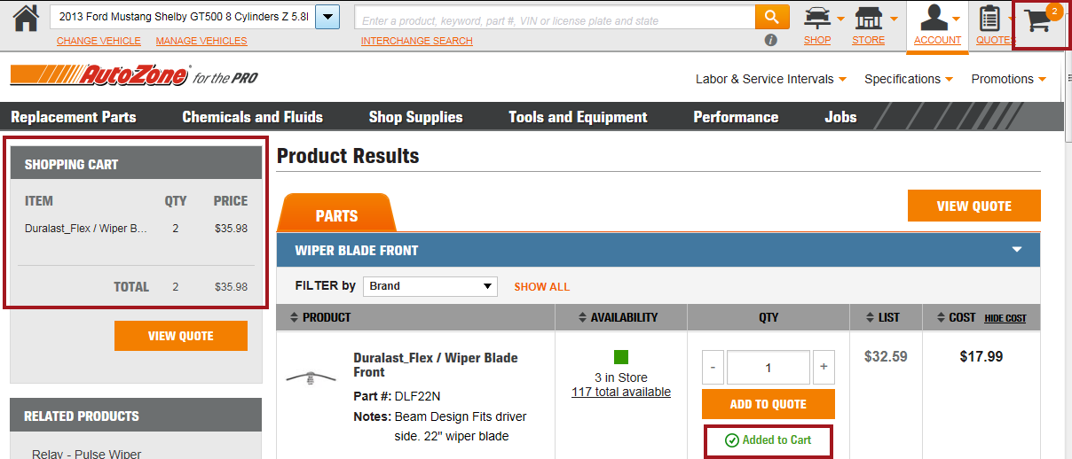 a part added to the AutoZone shopping cart. 