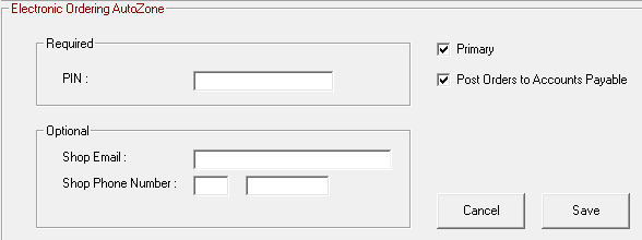 AutoZone selected on the Electronic Ordering Interface window.