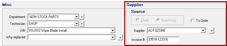 A section of the Edit Parts window with AutoZone as the supplier and the invoice number.