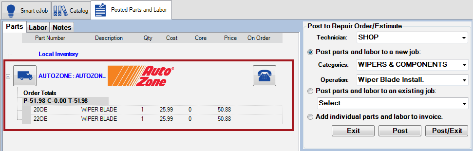 AutoZone parts on the Posted Parts and Labor tab.