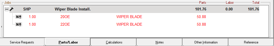 A picture of the AutoZone parts in the Jobs section on the Parts/Labor tab.
