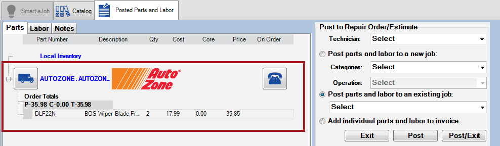AutoZone parts on the Posted Parts and Labor tab.