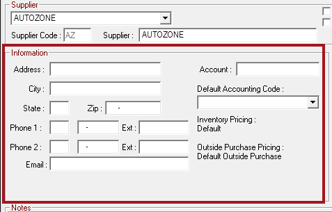 AutoZone selected as the supplier and the blank Information section cirlced.