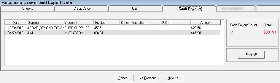 The Cash Payouts tab.