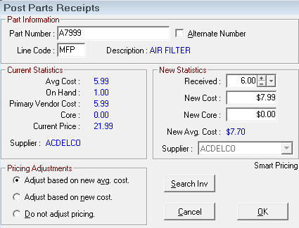 The Current Statistics on the Post Parts Receipts window.