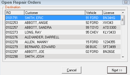 The list of open repair orders.