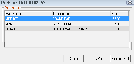 The list of non-stock parts from the selected repair order.