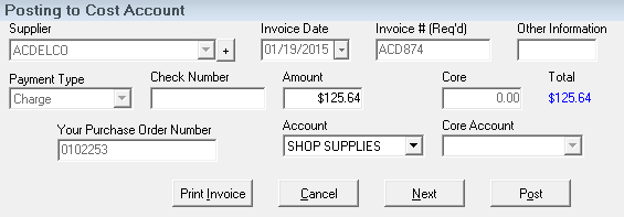 The posting to cost account window.