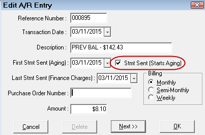 The Edit A/R Entry window with the statement sent box checked.