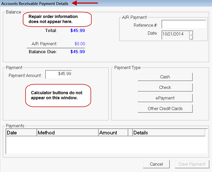 the Accounts Receivable Payment Details payment window.