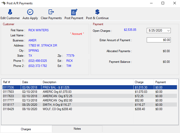 the Post A/R Payments window for one customer.