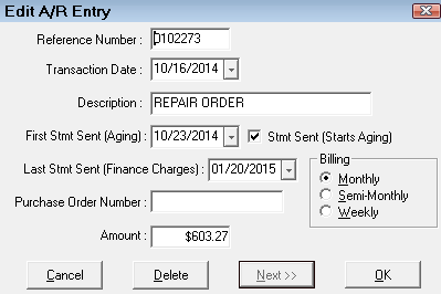 The Edit AR entry window.