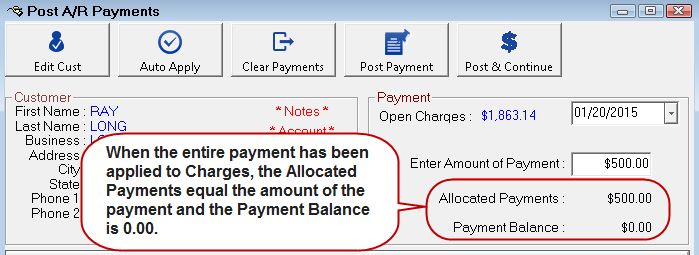 Payment Balance as 0.00 on the Post A/R Payments window.