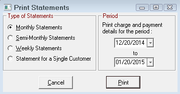 The Print Statements window with the selection criteria.