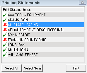 the Printing Statements window with the list from the search critieria.