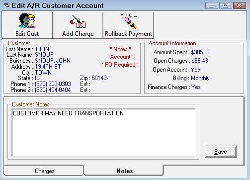 The customer notes on the Edit AR Customer account window.