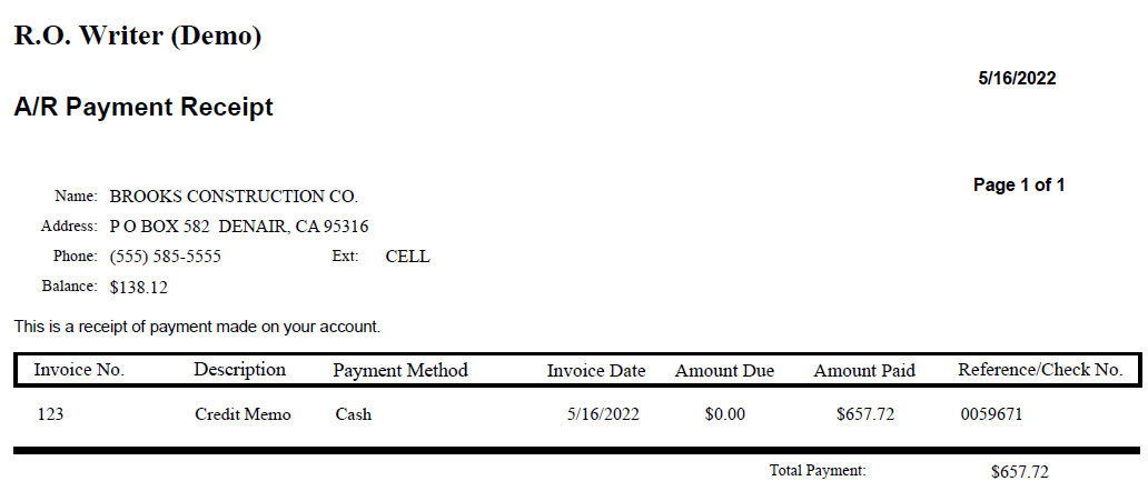 The AR Payment Receipt.