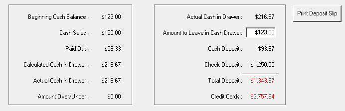 The cash drawer information that appears during the Reconcile process.