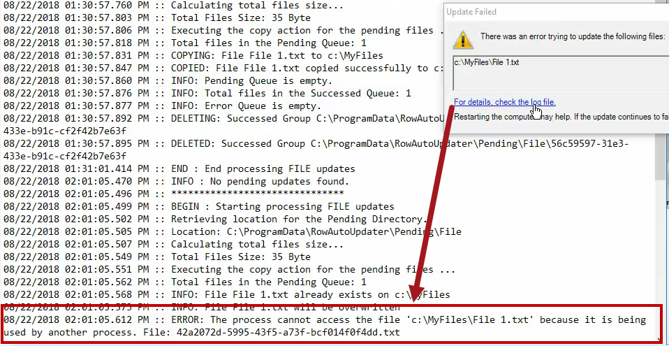 the error log opened from the Update Failed prompt.