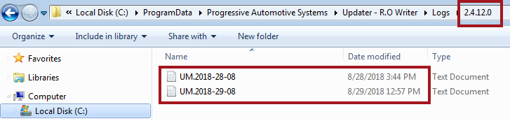 The log files within the version folders in Windows Explorer.
