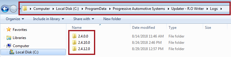 The log file folders in Windows Explorer.