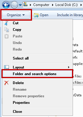 The folder and search options on the Organize menu in Windows Explorer.