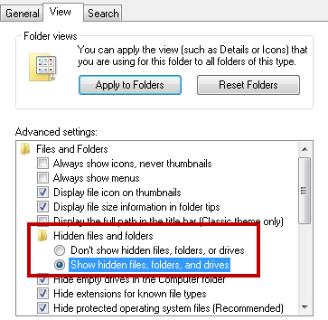 The show hidden files option selected and circled.