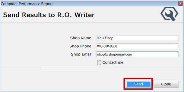 the Send Results to R.O. Writer window with information completed and the Send button circled.