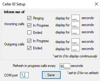 the Caller ID Setup window.
