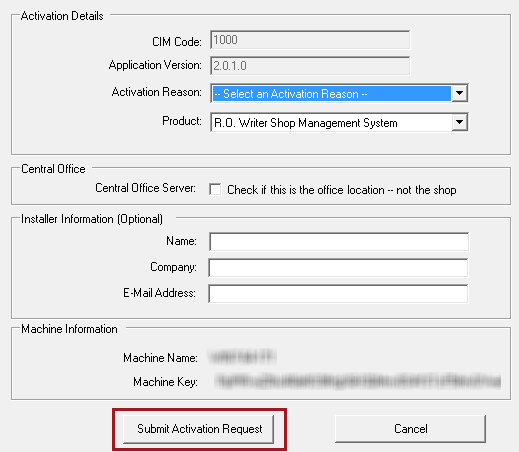 The create activation request window opens.