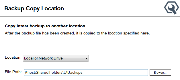 The Backup Copy Location window with Local or Network Drive selected as the Location.