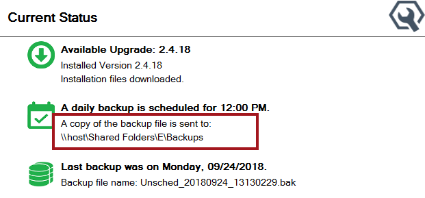 The backup copy location on the Current Status window. 