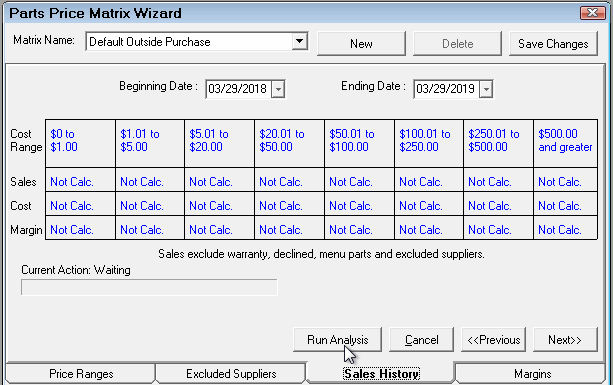 The analysis running on the Sales History tab for Matrix Pricing by Supplier.