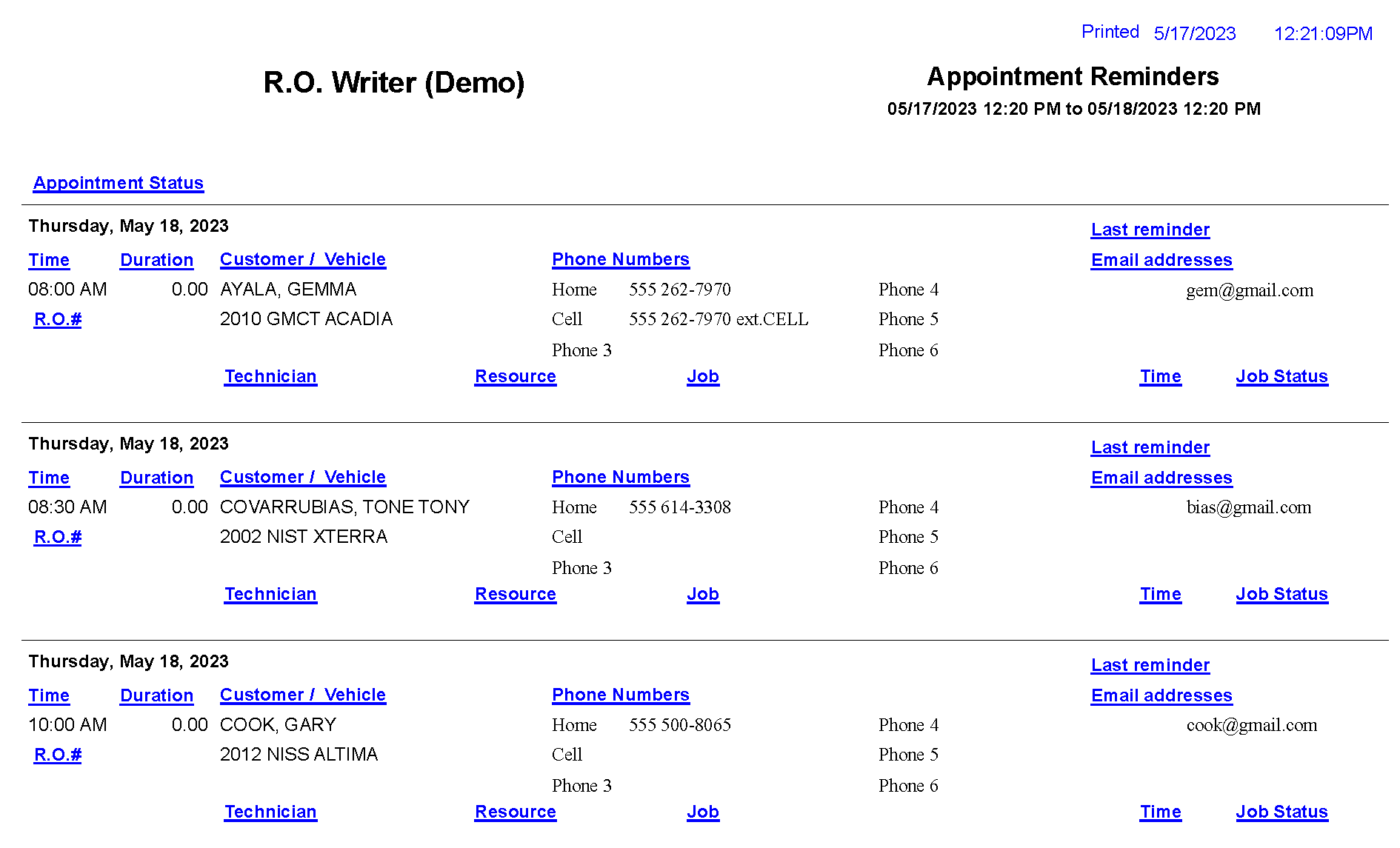 The Appointment Reminder report.