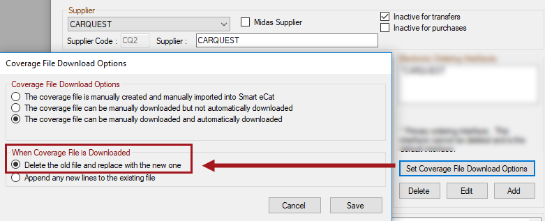 The CARQUEST coverage file download set to delete the old file and replace. 