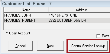 The Central Service Lookup button on the Customer List window.