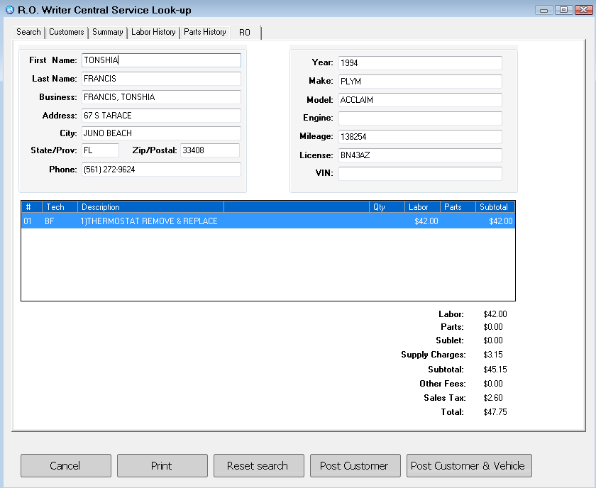 The RO tab showing the repair order details.