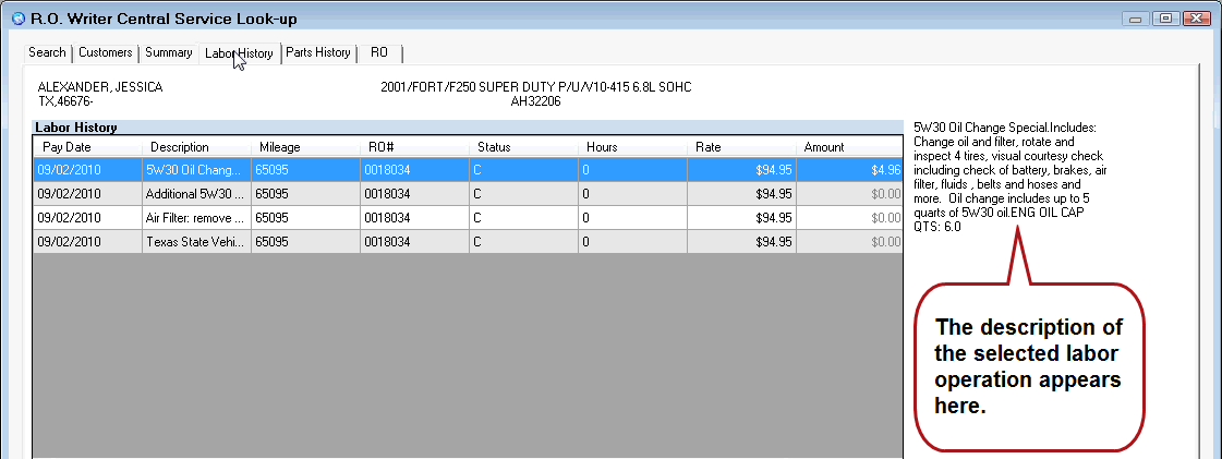 The Labor History tab with one labor's details displaying in the right column.