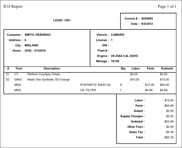 The printout from the RO tab.
